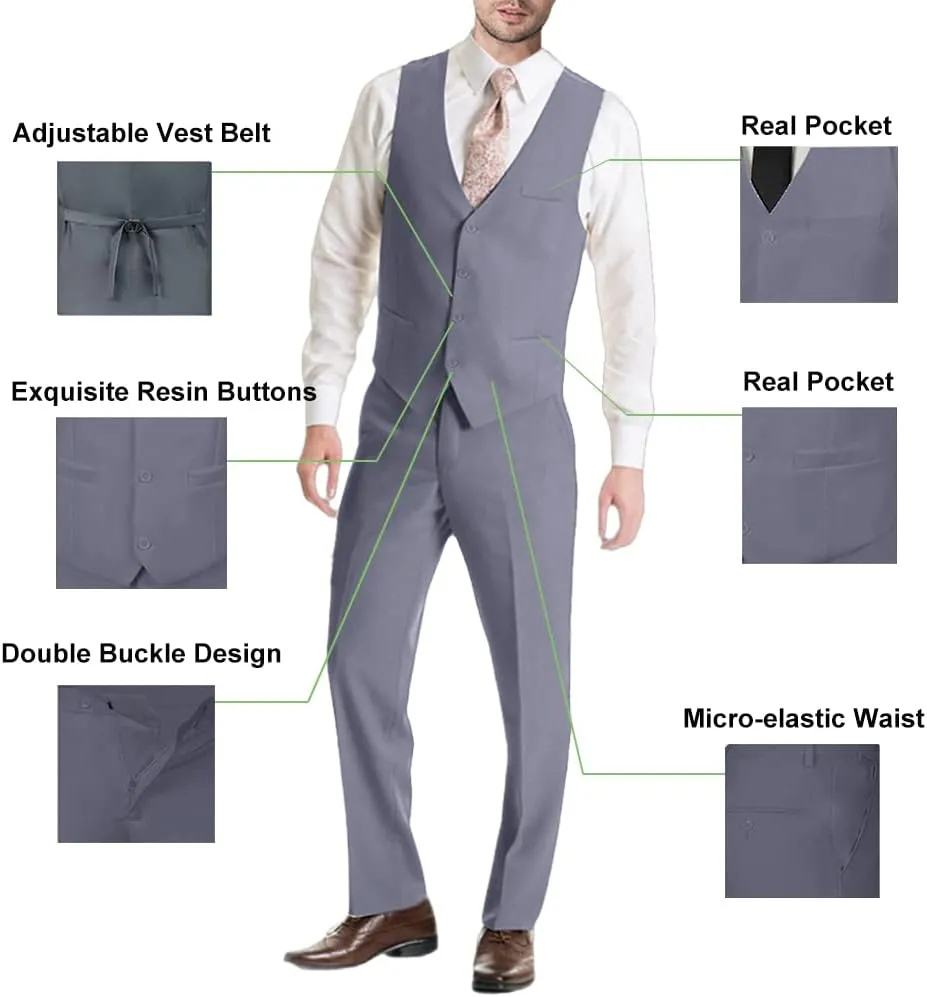 Mens Suit Solid Two Button Slim Fit Suit Set for Wedding Formal Business Suit Men 3 Piece Suit Blazer Vest Pants Set