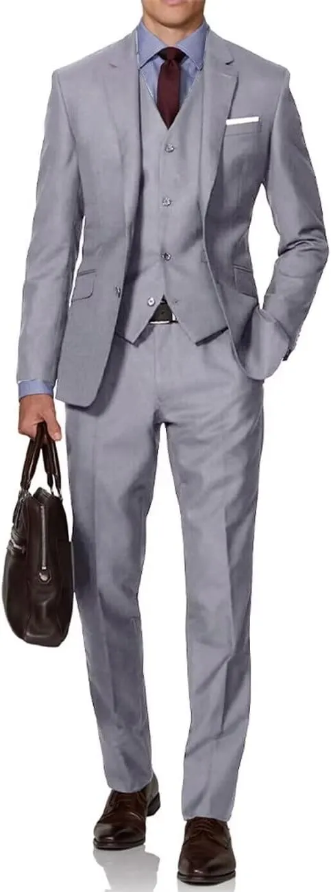 Mens Suit Solid Two Button Slim Fit Suit Set for Wedding Formal Business Suit Men 3 Piece Suit Blazer Vest Pants Set