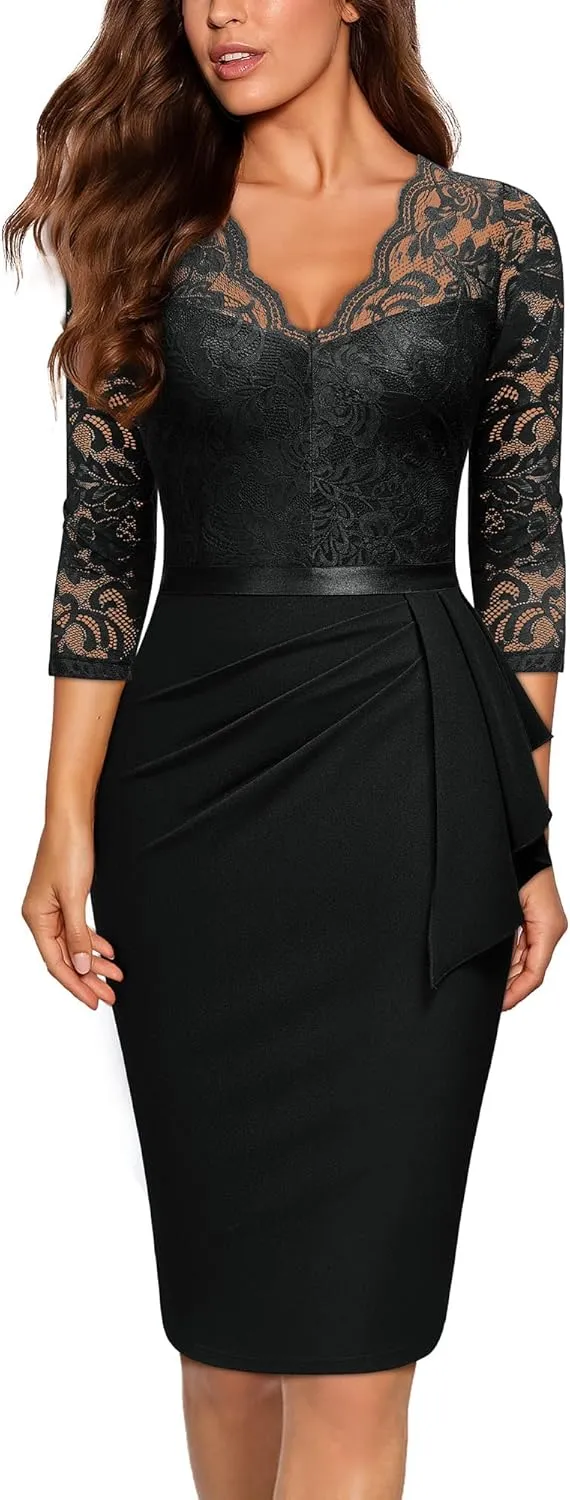 Miusol Women's Retro V Neck Floral Lace Ruffle Style Cocktail Party Dress