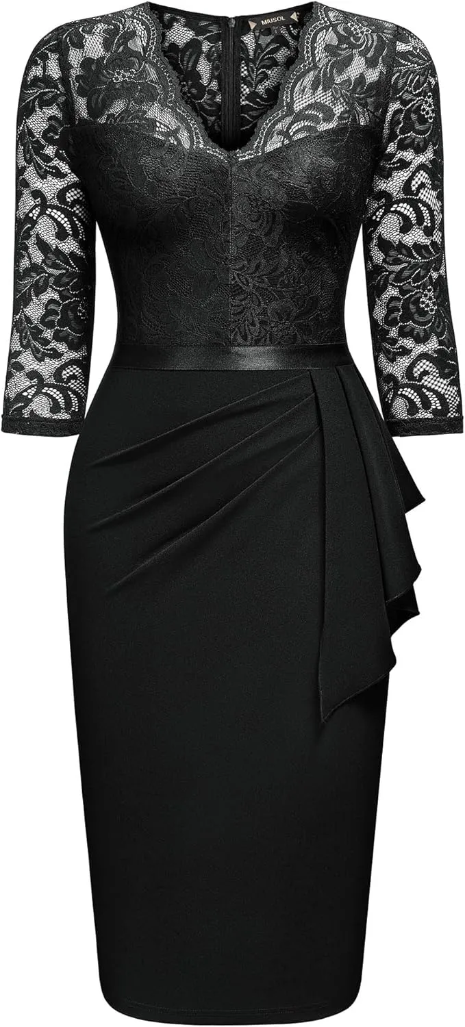 Miusol Women's Retro V Neck Floral Lace Ruffle Style Cocktail Party Dress