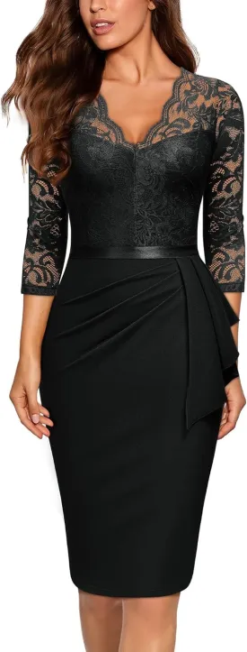 Miusol Women's Retro V Neck Floral Lace Ruffle Style Cocktail Party Dress