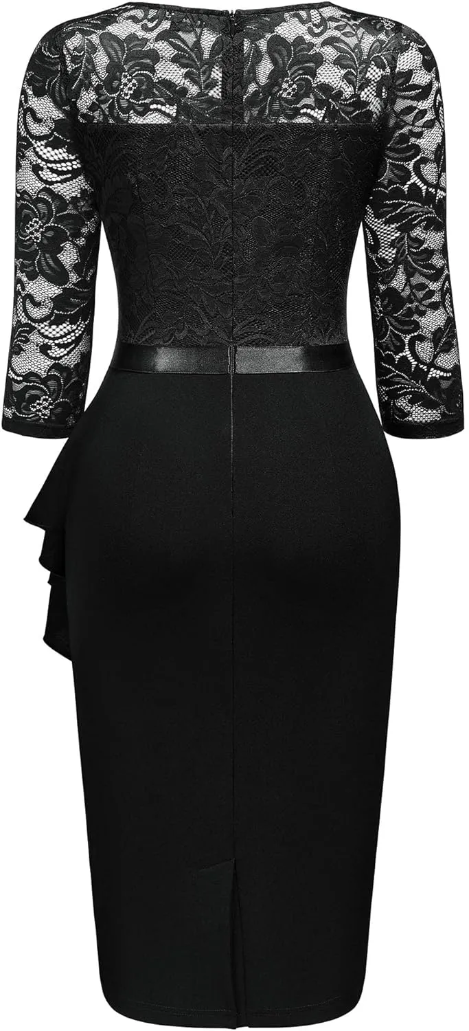Miusol Women's Retro V Neck Floral Lace Ruffle Style Cocktail Party Dress