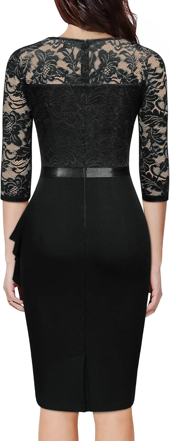 Miusol Women's Retro V Neck Floral Lace Ruffle Style Cocktail Party Dress