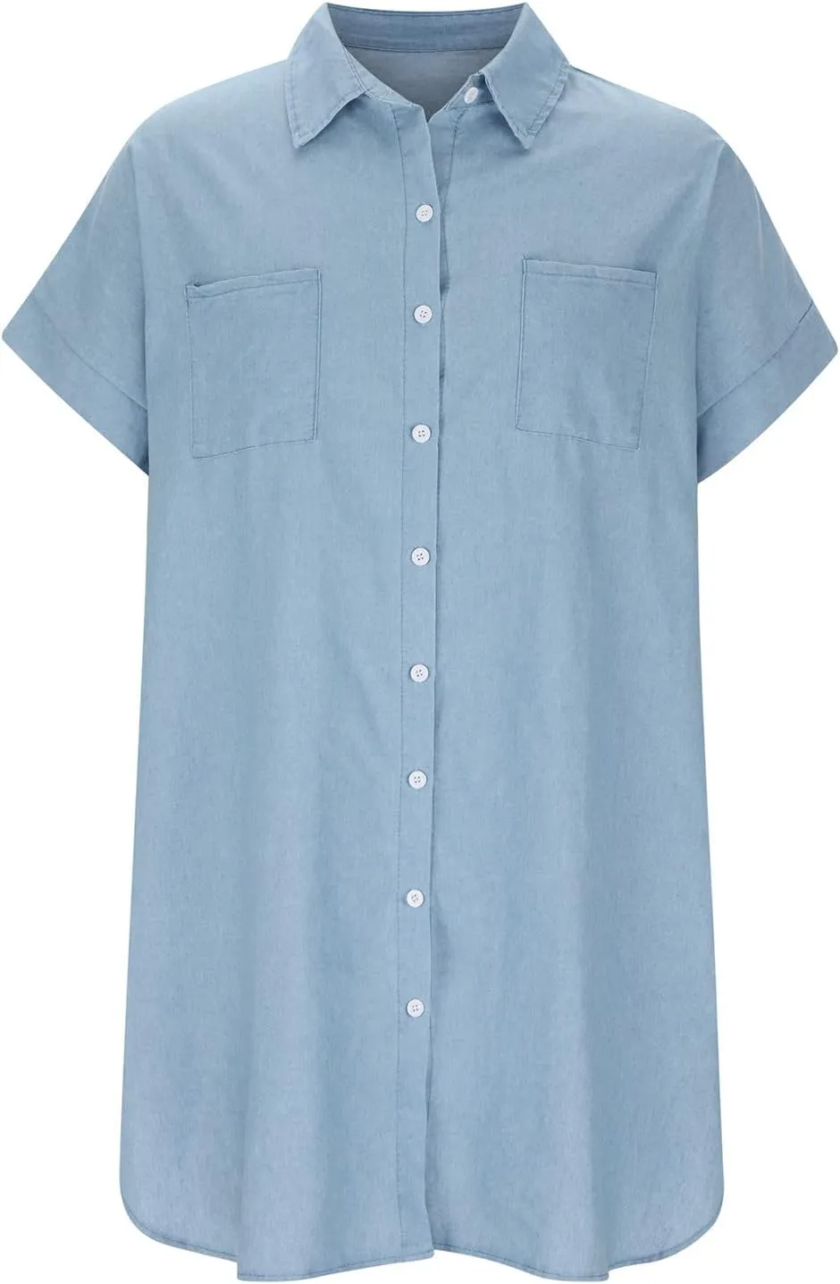 NaRHbrg Summer Denim Shirt Dresses for Womens Short Sleeve Loose Jean Midi Dress Button Down Casual Shift Dress Tunic Top