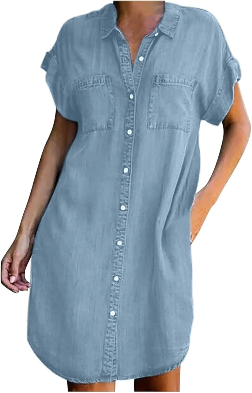 NaRHbrg Summer Denim Shirt Dresses for Womens Short Sleeve Loose Jean Midi Dress Button Down Casual Shift Dress Tunic Top
