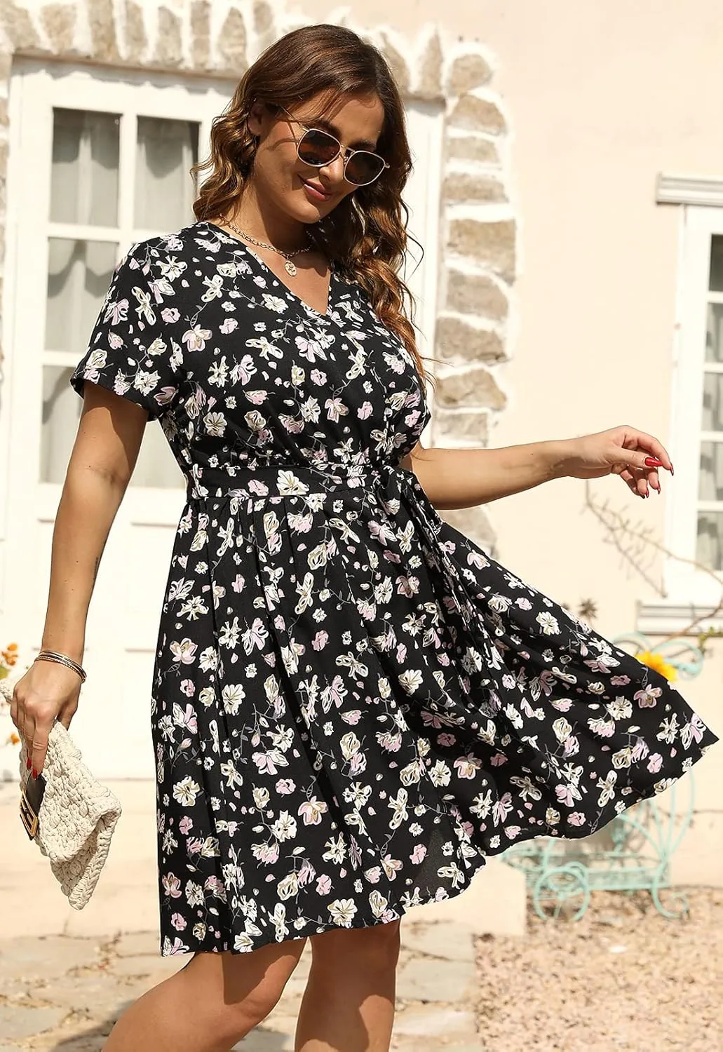 Nemidor Womens Casual Plus Size Summer Boho Swing Wrap Dress Floral Print with Pockets NEM295