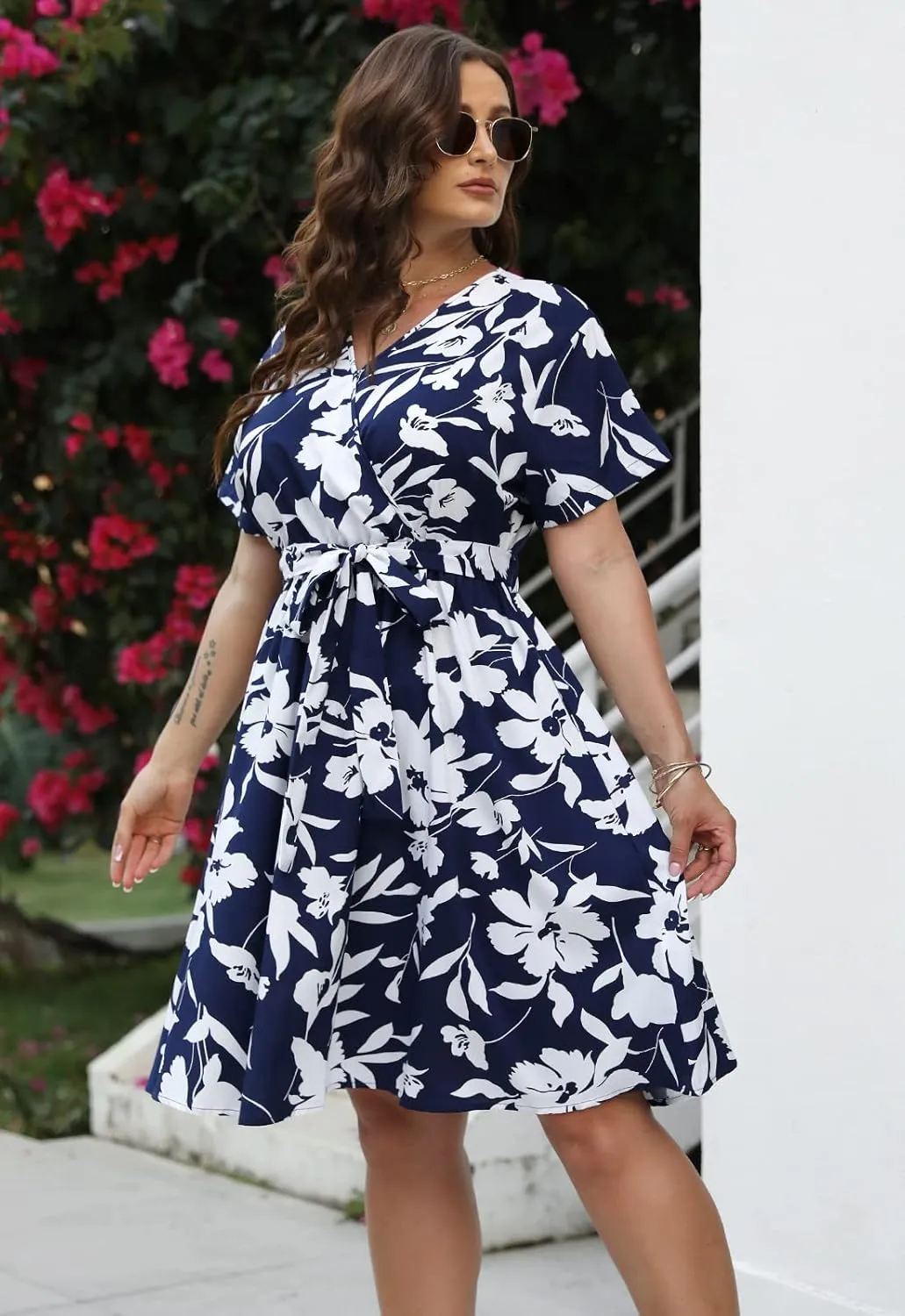 Nemidor Womens Casual Plus Size Summer Boho Swing Wrap Dress Floral Print with Pockets NEM295