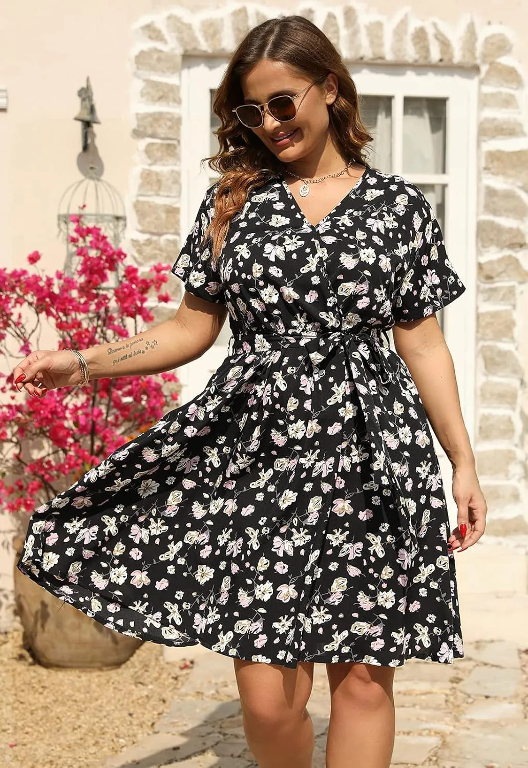 Nemidor Womens Casual Plus Size Summer Boho Swing Wrap Dress Floral Print with Pockets NEM295