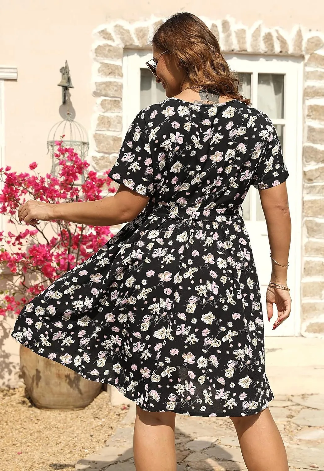 Nemidor Womens Casual Plus Size Summer Boho Swing Wrap Dress Floral Print with Pockets NEM295