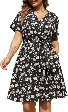 Nemidor Womens Casual Plus Size Summer Boho Swing Wrap Dress Floral Print with Pockets NEM295