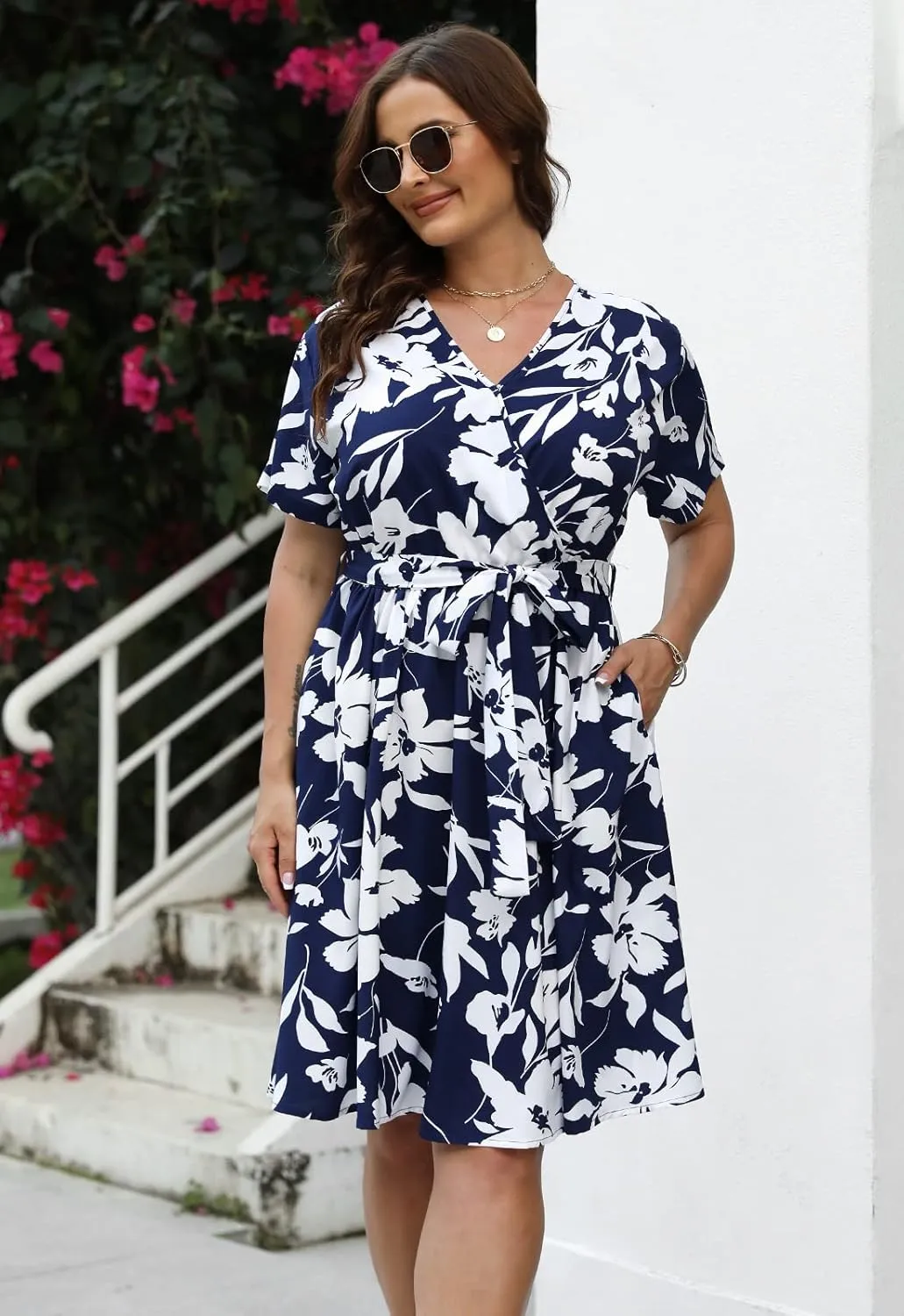 Nemidor Womens Casual Plus Size Summer Boho Swing Wrap Dress Floral Print with Pockets NEM295