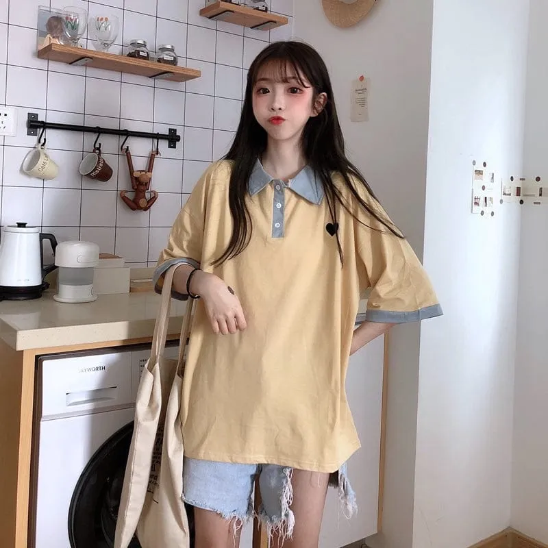 Original Kawaii Love Casual Loose Korean Polo T-shirt