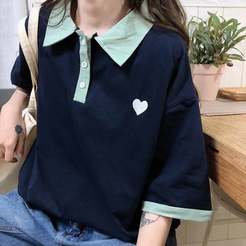 Original Kawaii Love Casual Loose Korean Polo T-shirt