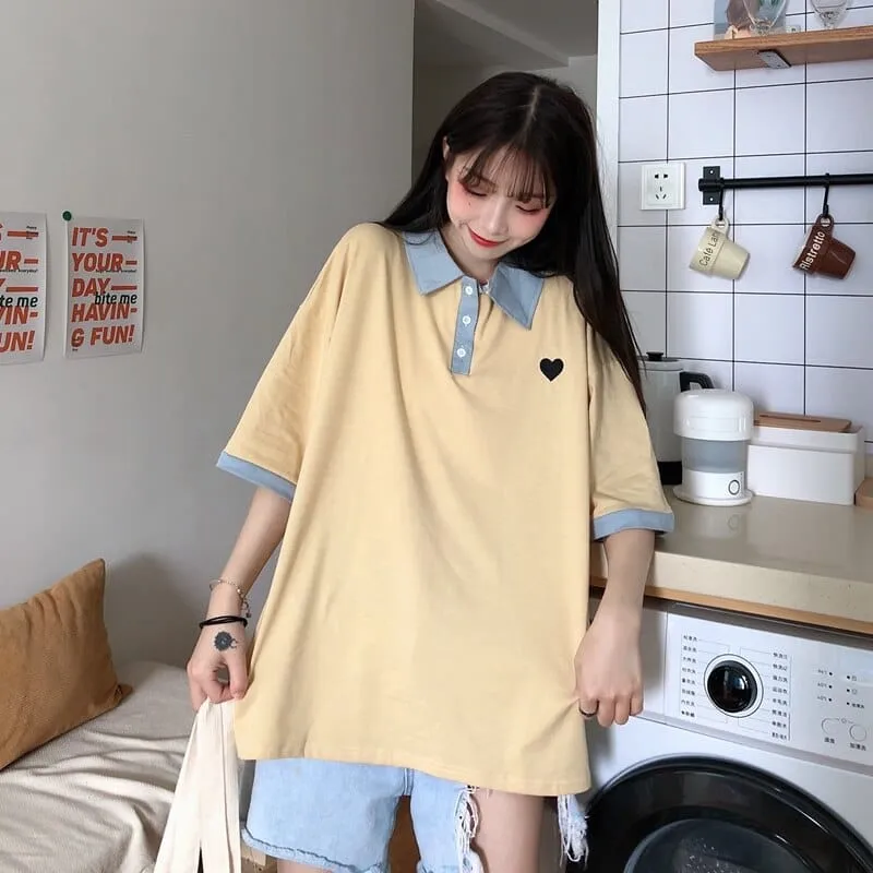 Original Kawaii Love Casual Loose Korean Polo T-shirt