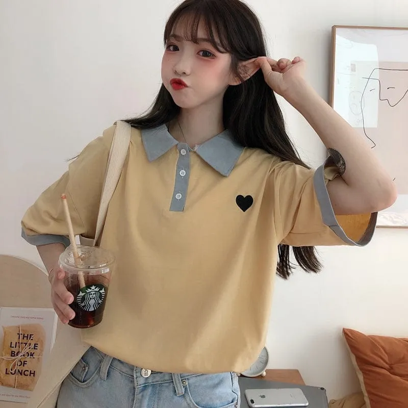 Original Kawaii Love Casual Loose Korean Polo T-shirt