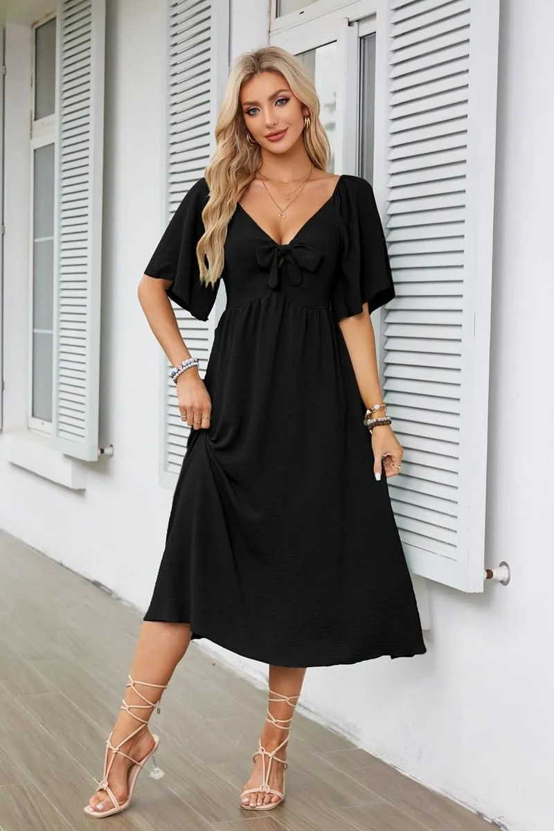 Plustrong Womens Summer Casual Short Sleeve Bow Tie V Neck Ruffle Smocked Flowy Midi Dresses