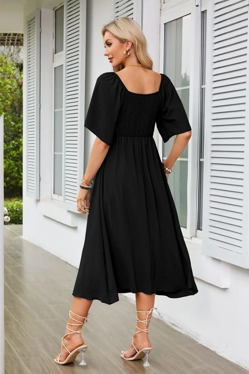 Plustrong Womens Summer Casual Short Sleeve Bow Tie V Neck Ruffle Smocked Flowy Midi Dresses