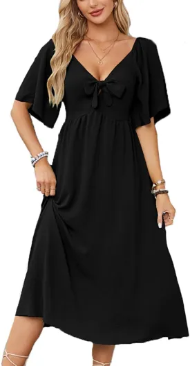 Plustrong Womens Summer Casual Short Sleeve Bow Tie V Neck Ruffle Smocked Flowy Midi Dresses