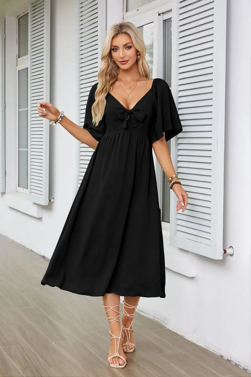 Plustrong Womens Summer Casual Short Sleeve Bow Tie V Neck Ruffle Smocked Flowy Midi Dresses