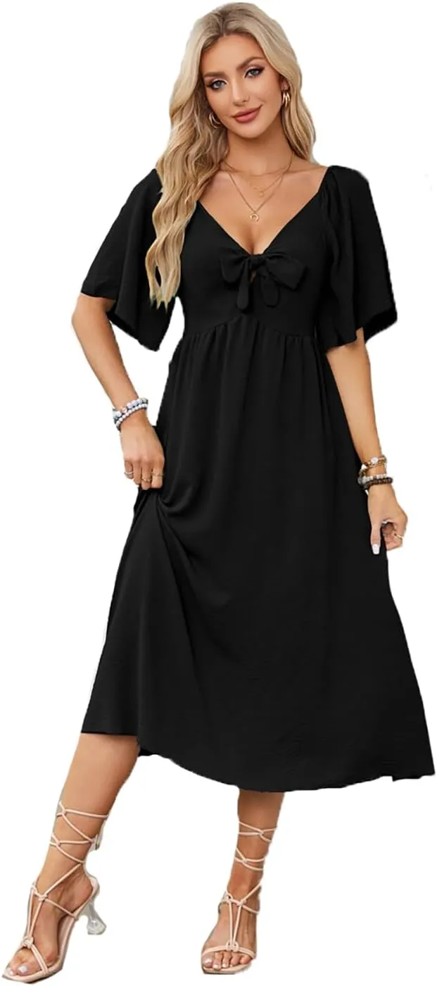 Plustrong Womens Summer Casual Short Sleeve Bow Tie V Neck Ruffle Smocked Flowy Midi Dresses