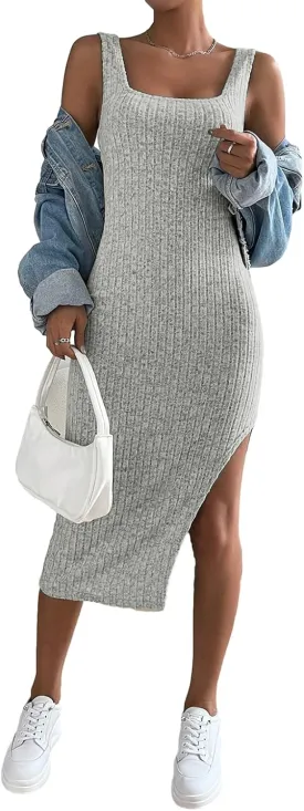 Samefar Womens Summer Square Neck Dress Sleeveless Bodycon Dresses Side Slit Midi Tank Sundresses Cocktail Dresses