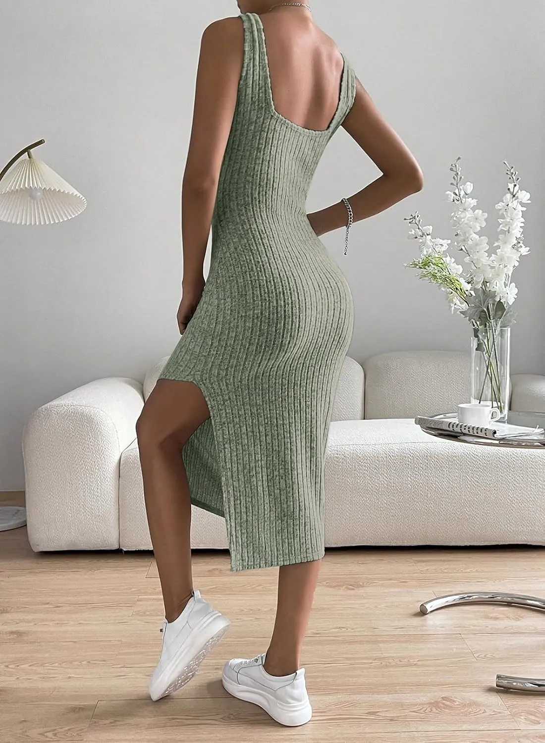 Samefar Womens Summer Square Neck Dress Sleeveless Bodycon Dresses Side Slit Midi Tank Sundresses Cocktail Dresses