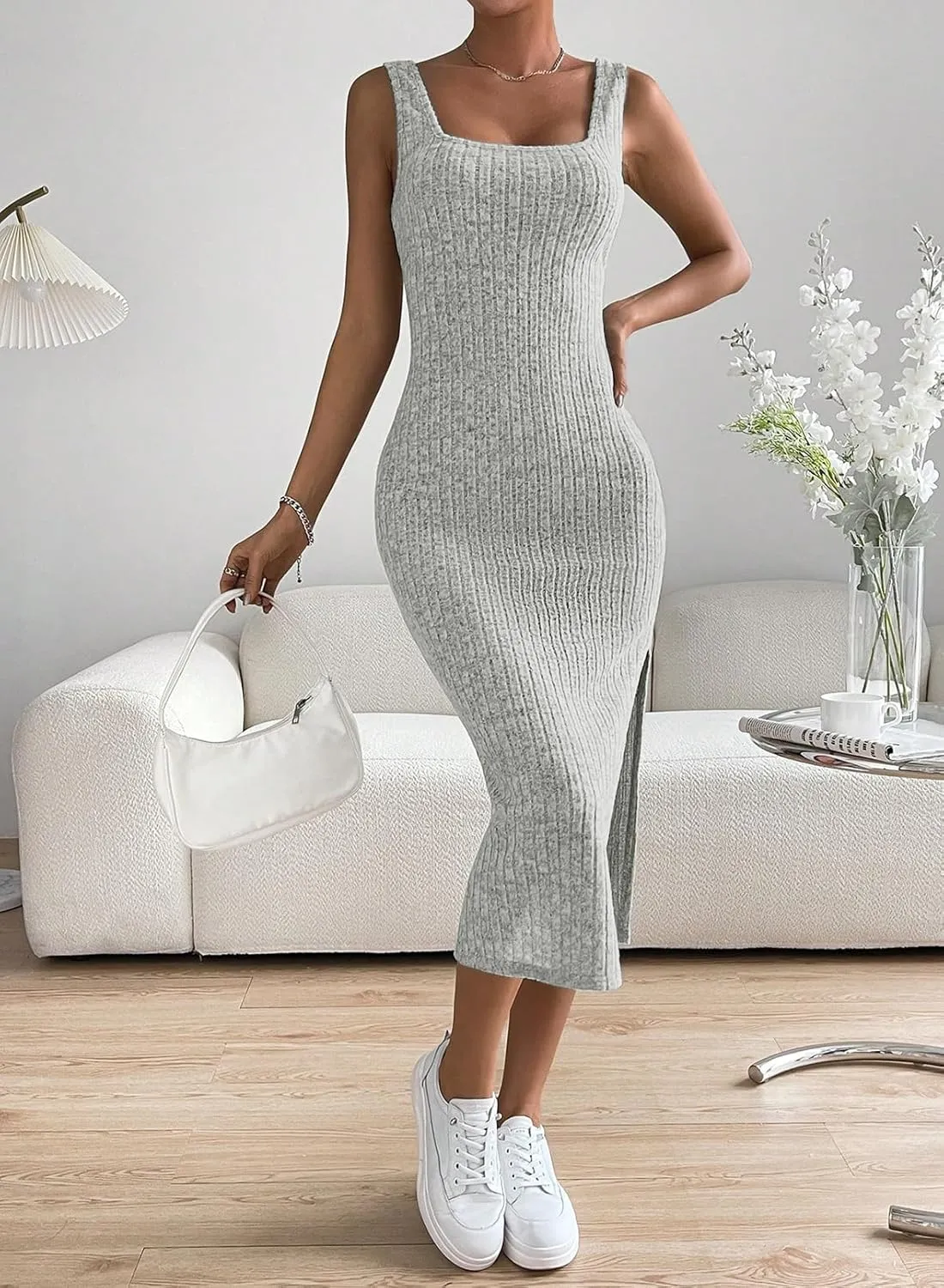 Samefar Womens Summer Square Neck Dress Sleeveless Bodycon Dresses Side Slit Midi Tank Sundresses Cocktail Dresses