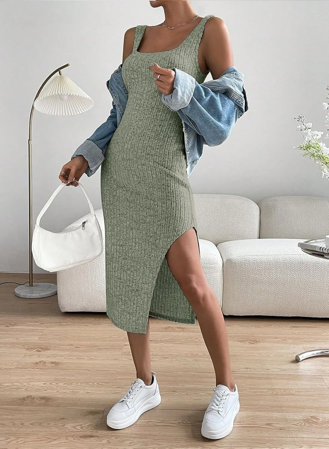Samefar Womens Summer Square Neck Dress Sleeveless Bodycon Dresses Side Slit Midi Tank Sundresses Cocktail Dresses