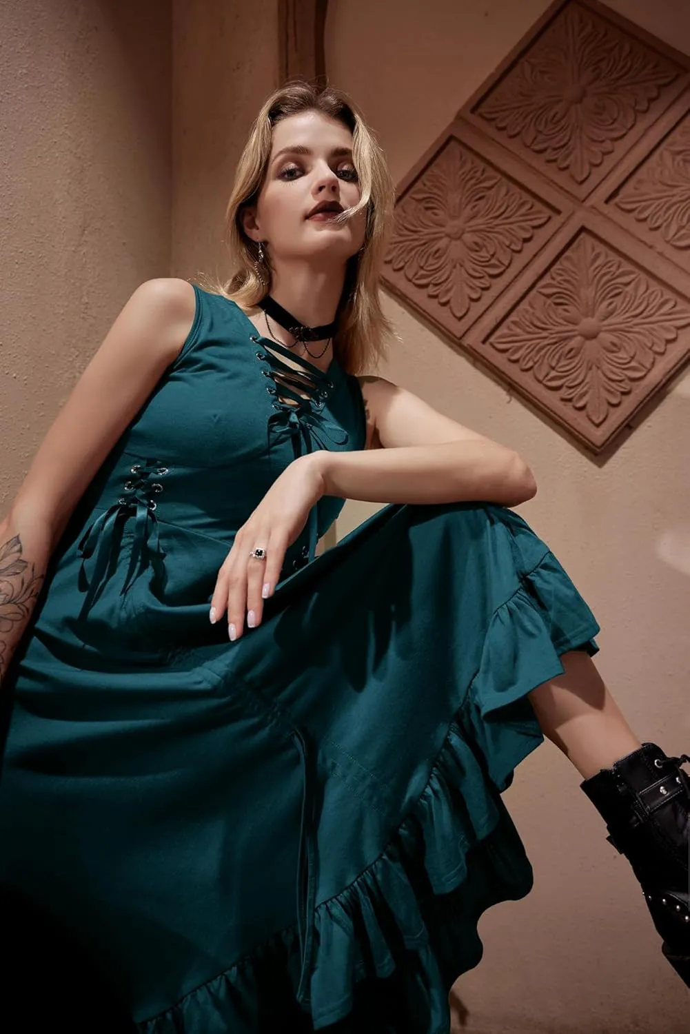 Scarlet Darkness Renaissance Steampunk Dress Lace Up High Low Dress Pirate Costume