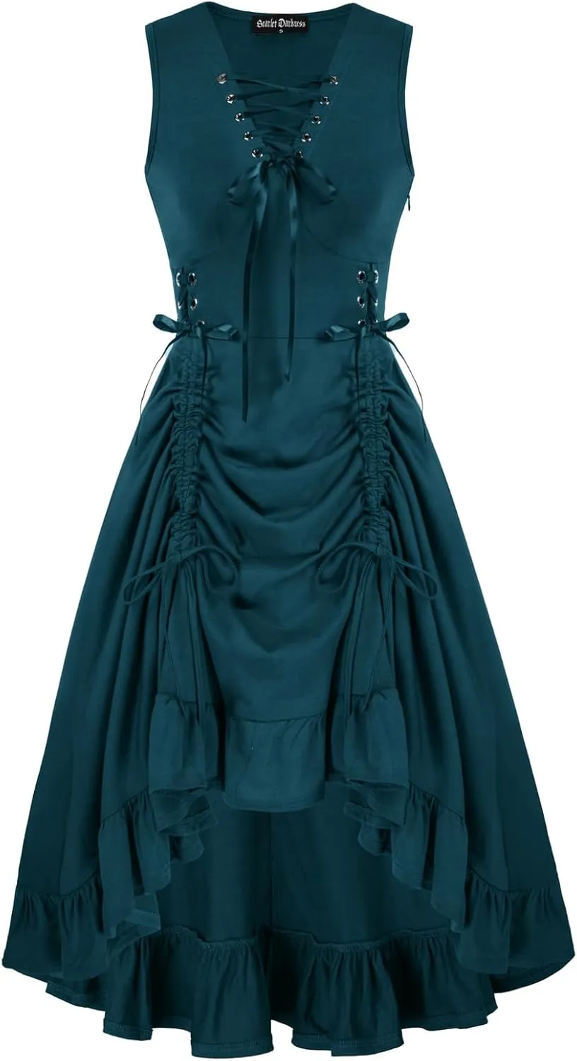 Scarlet Darkness Renaissance Steampunk Dress Lace Up High Low Dress Pirate Costume