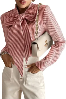 SHENHE Women's Striped Bow Tie Neck Shirts Long Sleeve Casual Work Blouse Top