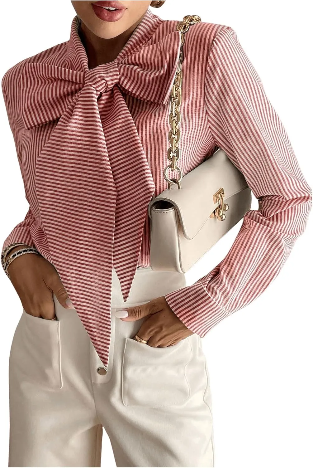SHENHE Women's Striped Bow Tie Neck Shirts Long Sleeve Casual Work Blouse Top