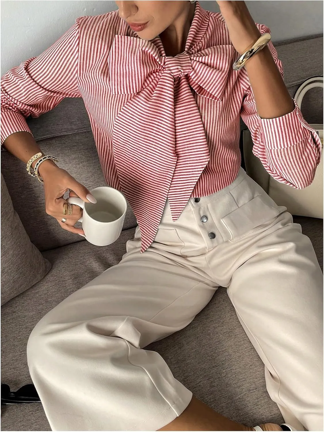 SHENHE Women's Striped Bow Tie Neck Shirts Long Sleeve Casual Work Blouse Top