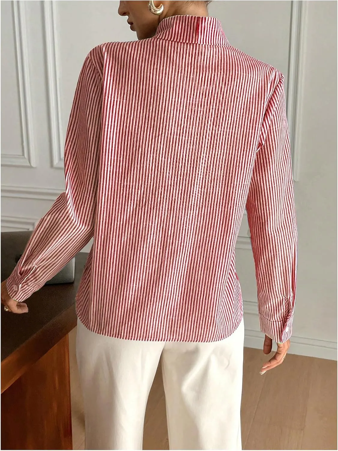 SHENHE Women's Striped Bow Tie Neck Shirts Long Sleeve Casual Work Blouse Top