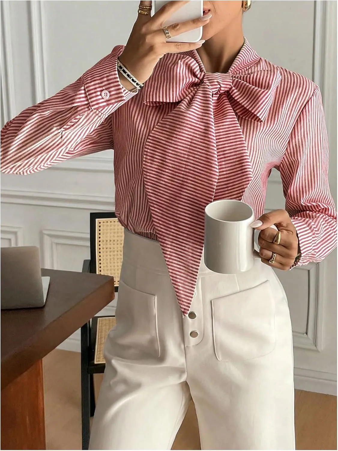 SHENHE Women's Striped Bow Tie Neck Shirts Long Sleeve Casual Work Blouse Top