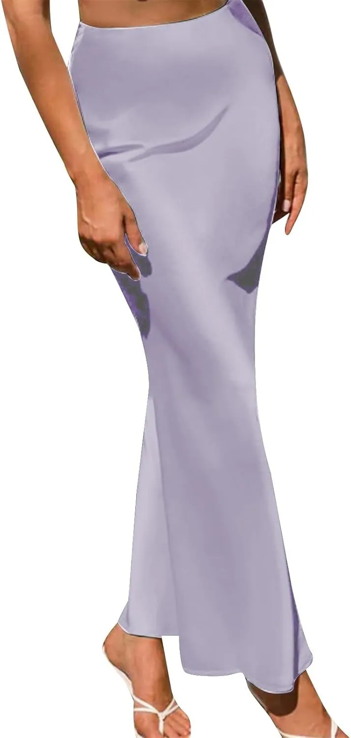 Skirts for Women Maxi Satin High Waisted Elastic Skirts Elegant Bodycon A-Line Solid Color Silk Skirt for Summer 2025