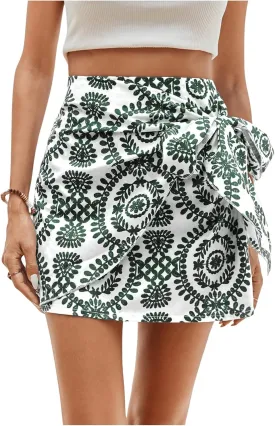 WDIRARA Women's Allover Print Knot Side High Waist Wrap Skirt Zipper Back Boho Mini Skirt