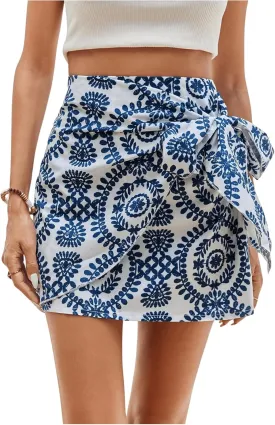 WDIRARA Women's Allover Print Knot Side High Waist Wrap Skirt Zipper Back Boho Mini Skirt