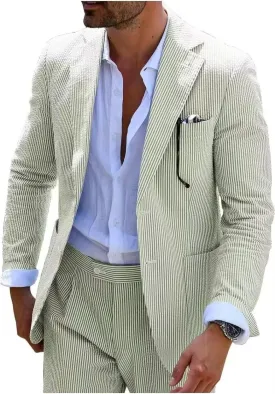 Wehilion Men 2 Pieces Seersucker Suit Casual 2 Button Slim Fit Striped Suits for Men Summer Wedding Prom Suit Jacket Pants
