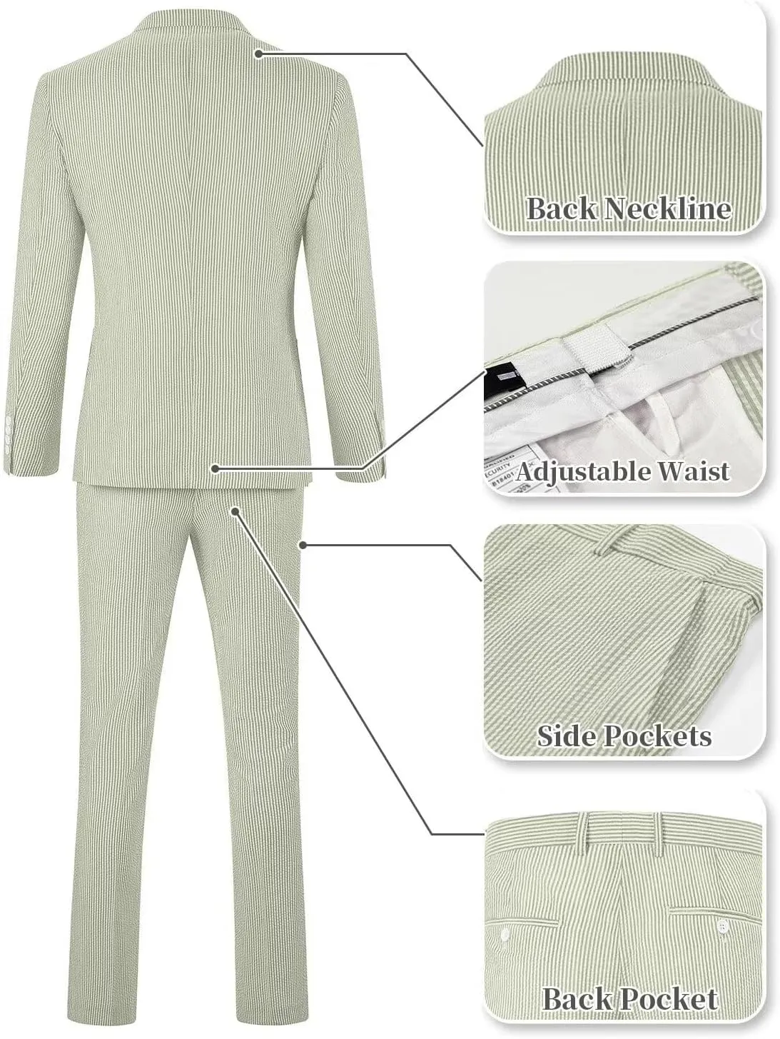Wehilion Men 2 Pieces Seersucker Suit Casual 2 Button Slim Fit Striped Suits for Men Summer Wedding Prom Suit Jacket Pants