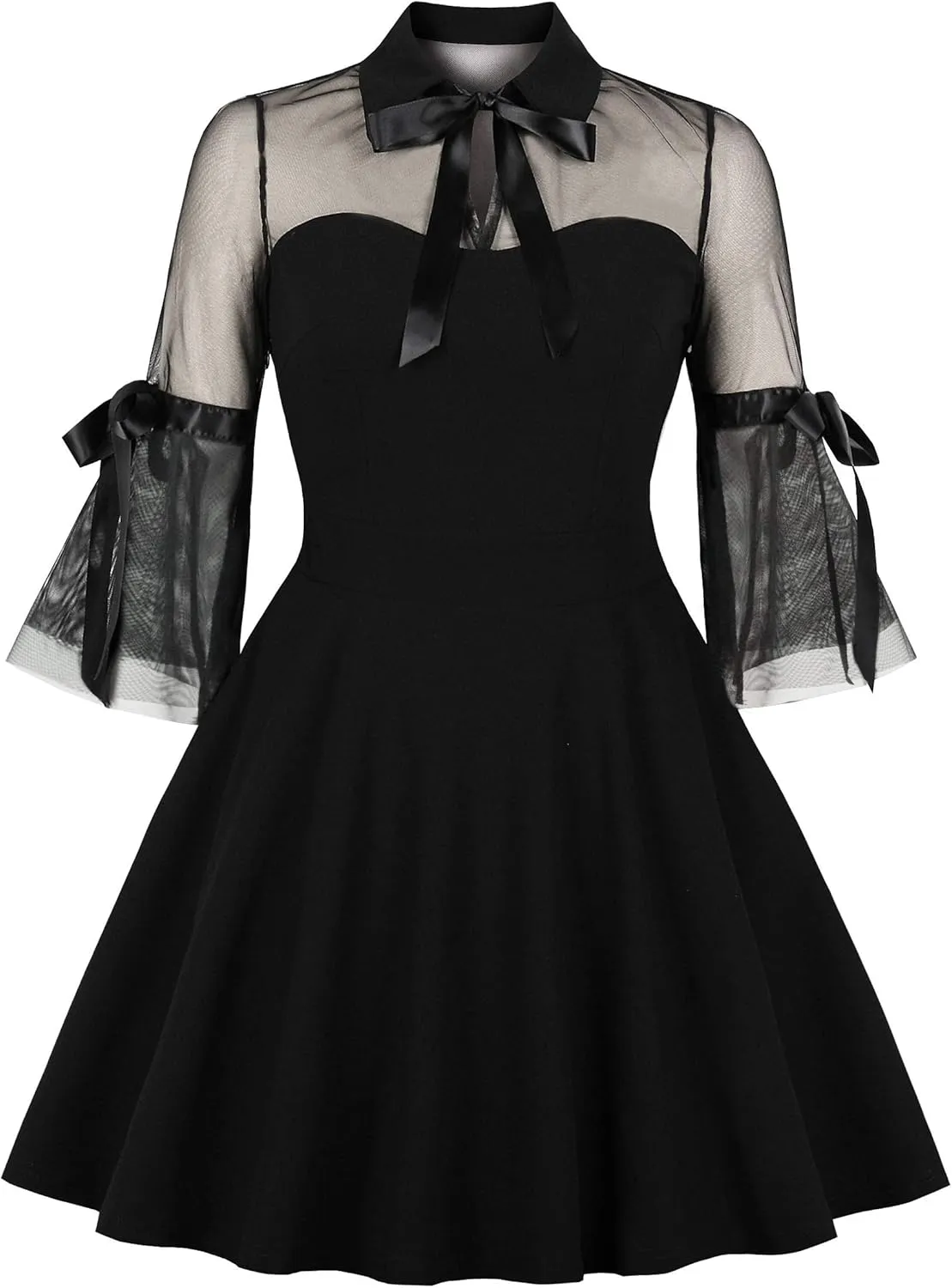 Wellwits Women's Keyhole Mesh Bell Sleeve Vintage Skater Dress