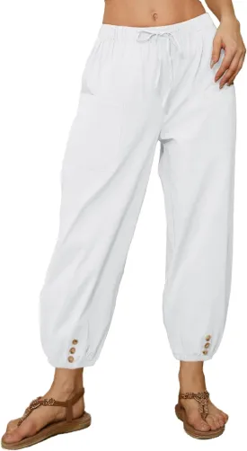 Women Capri Pants Casual Drawstring Elastic High Waist Baggy Wide Leg Cropped Pants Trousers for Ladies Summer