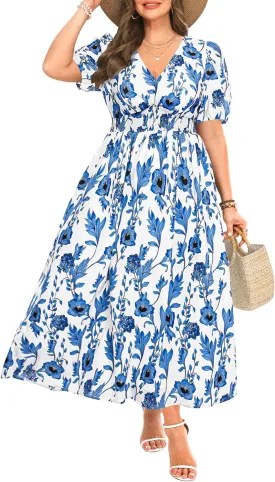 Women Plus Size Summer Dress - Easter Spring Floral Wedding Guest Maxi Long Dress