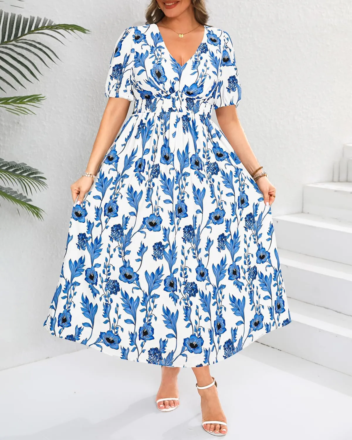 Women Plus Size Summer Dress - Easter Spring Floral Wedding Guest Maxi Long Dress
