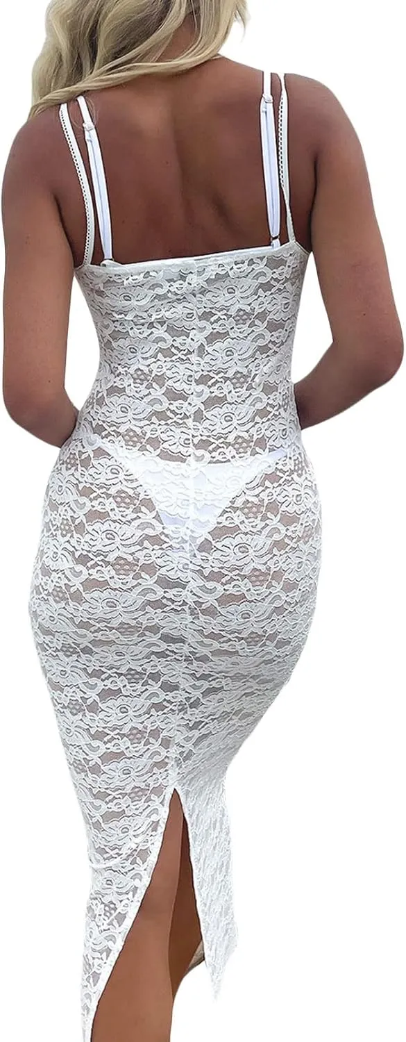 Women Sexy Lace Floral Fitted Dress Sleeveless Spaghetti Strap See Through Maxi Dress Cocktail Evening Party Dress
