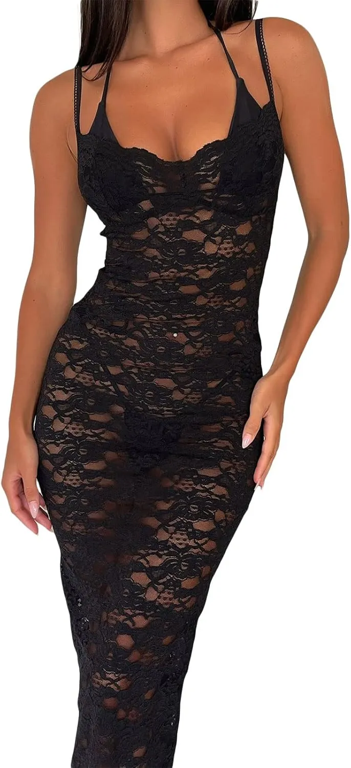 Women Sexy Lace Floral Fitted Dress Sleeveless Spaghetti Strap See Through Maxi Dress Cocktail Evening Party Dress