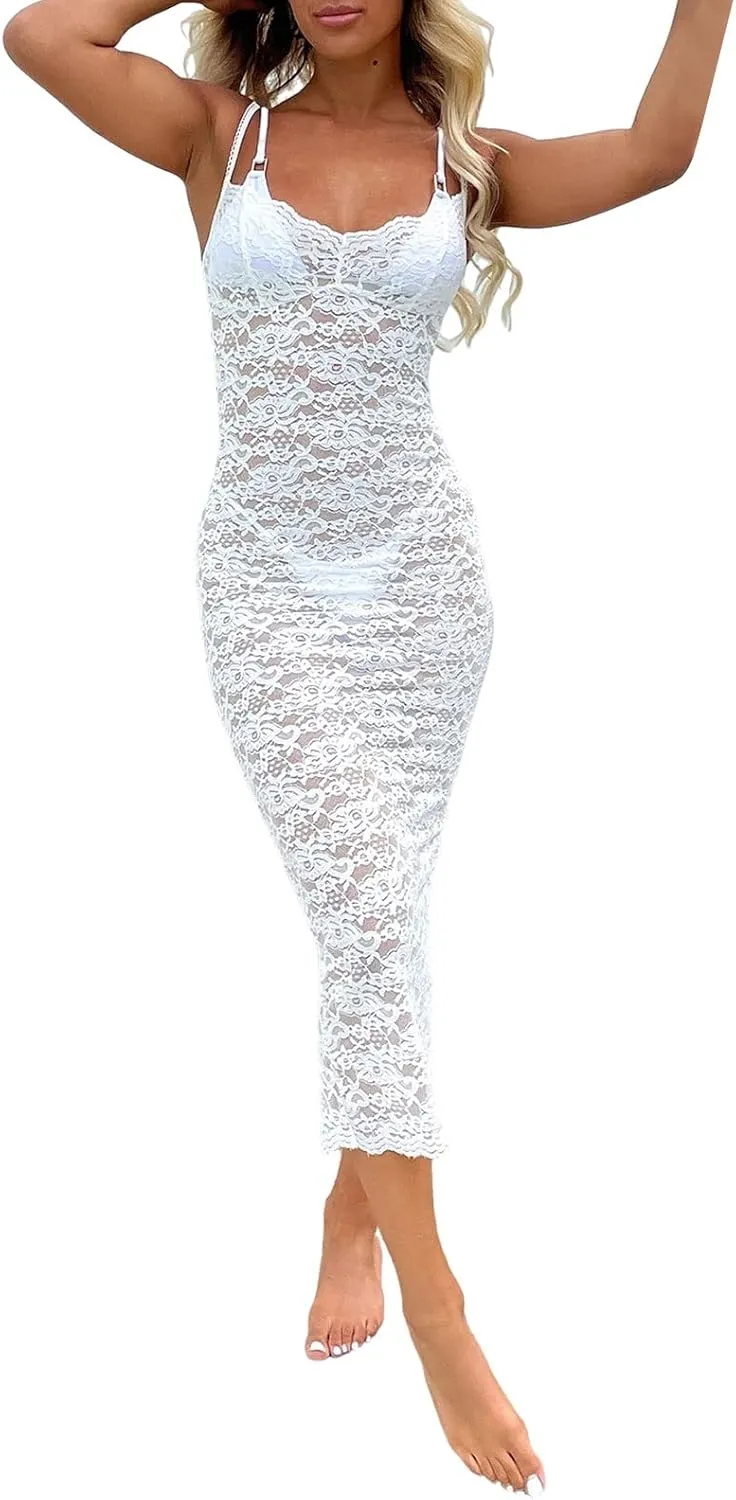 Women Sexy Lace Floral Fitted Dress Sleeveless Spaghetti Strap See Through Maxi Dress Cocktail Evening Party Dress