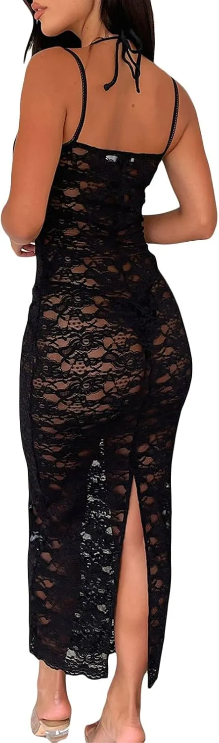 Women Sexy Lace Floral Fitted Dress Sleeveless Spaghetti Strap See Through Maxi Dress Cocktail Evening Party Dress