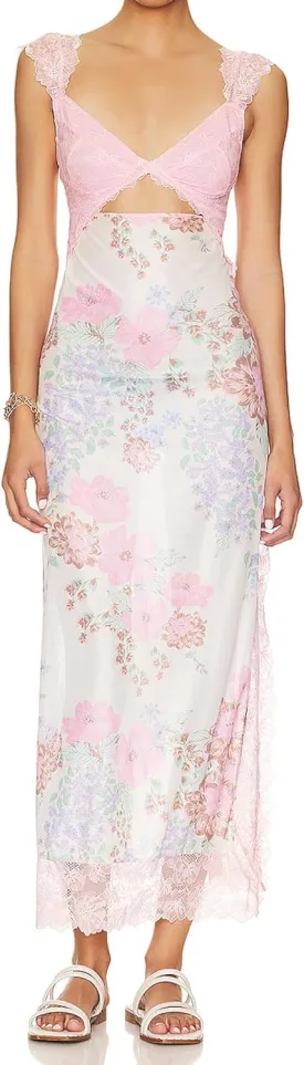 Women Sleeveless Maxi Dress Backless Bodycon Floral Printed Spaghetti Strap Long Dress Summer Lace Cutout Dress
