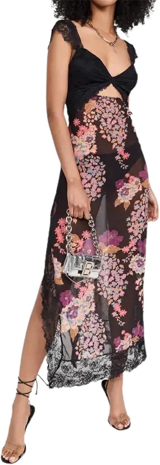Women Sleeveless Maxi Dress Backless Bodycon Floral Printed Spaghetti Strap Long Dress Summer Lace Cutout Dress